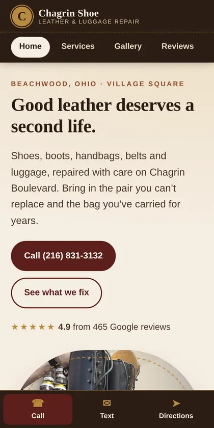 Chagrin Shoe Repair website on a phone