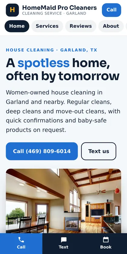 HomeMaid Pro Cleaners website on a phone